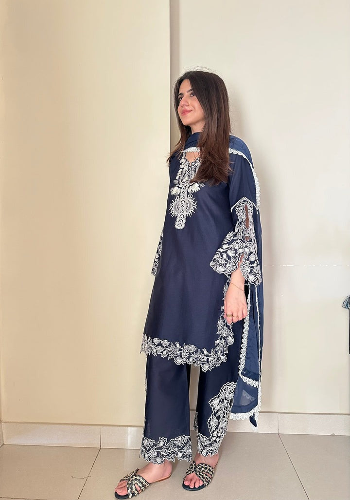 Teal Blue Embroidered 3-Piece Suit with Chiffon Dupatta