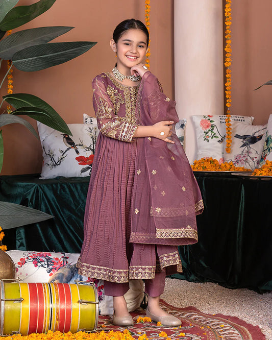 EMBROIDERED CHIFFON STITCHED 3 PIECE KIDS DRESS