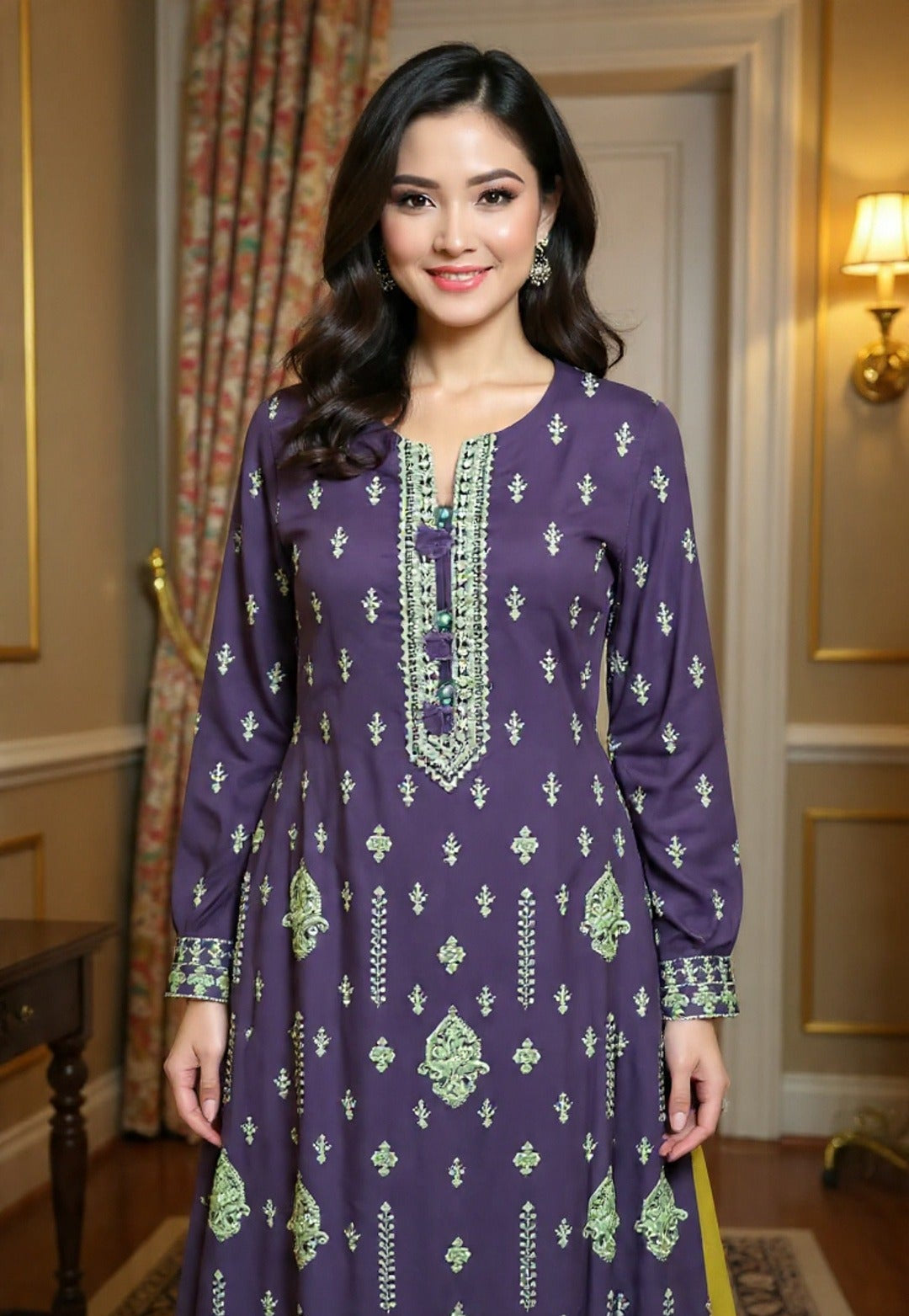 A stylish purple kurti with green embroidered motifs