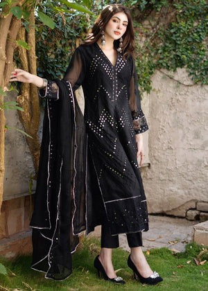 Black Sequins Embroidered Chiffon Suit with Raw Silk Trousers - We deliver Pakistani suits all across Australia
