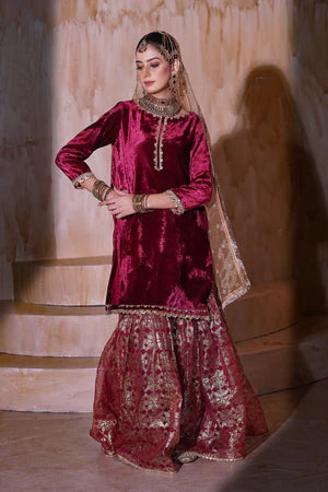 EMBROIDERED VELVET STITCHED 3 PIECE GARARA DRESS