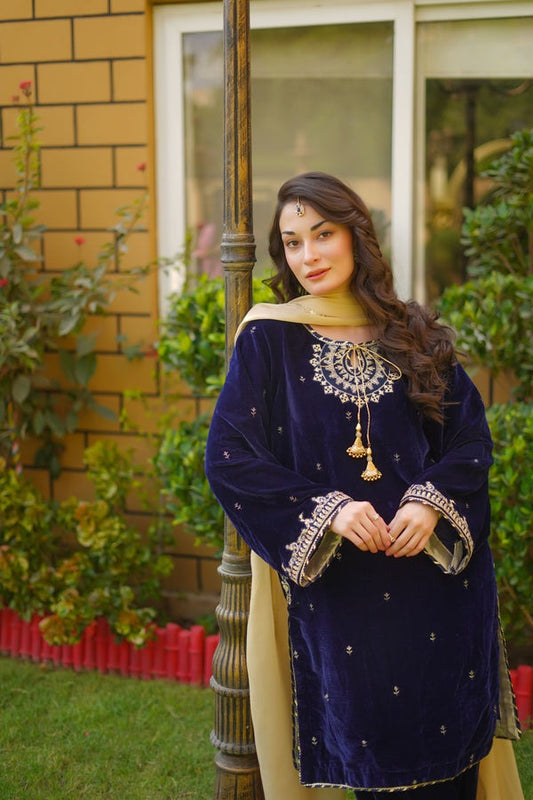 Opulent Navy Blue Velvet 3PC Ensemble with Gota & Zari Detailing