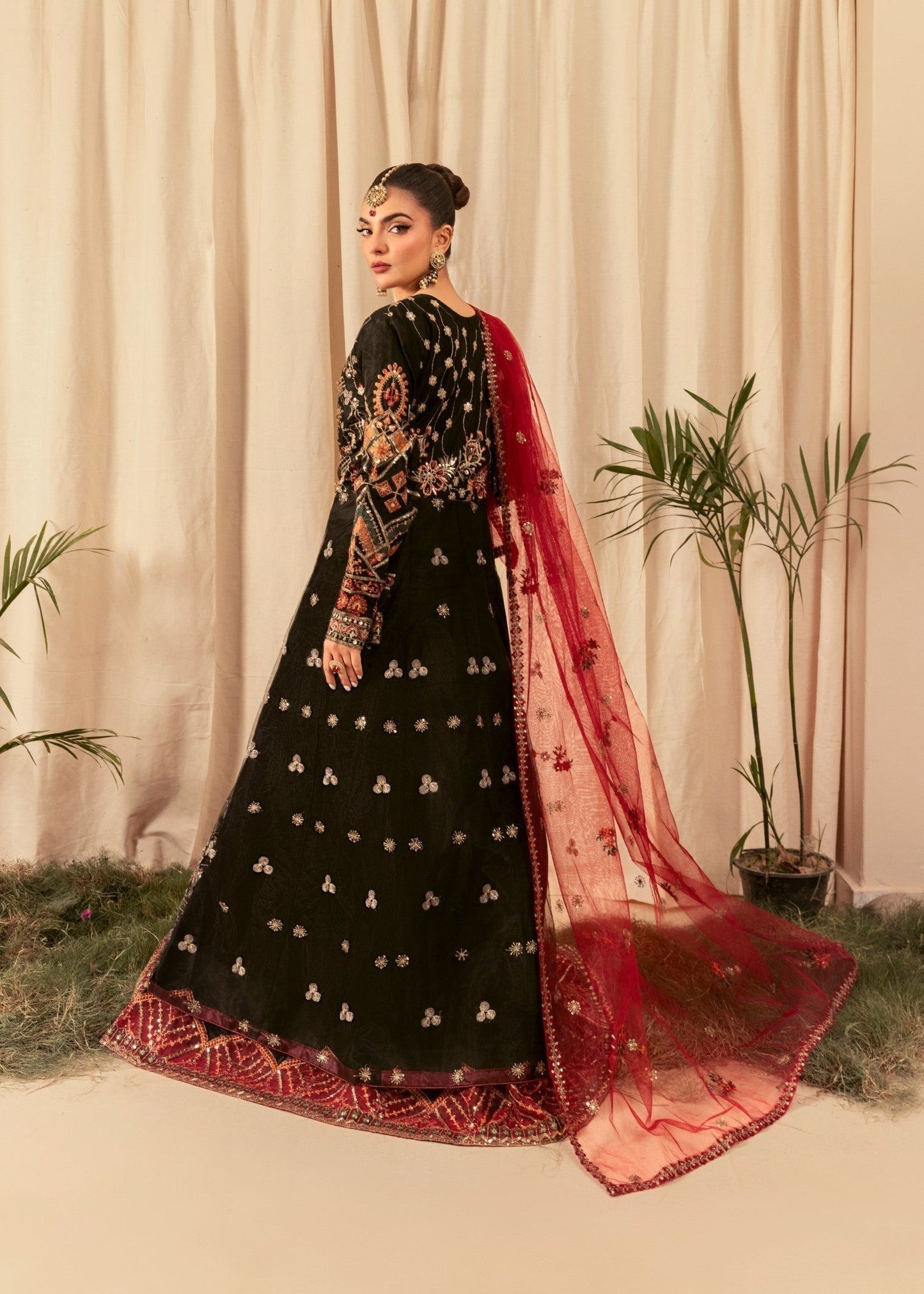 Maheen Black Embroidered Flared Maxi Set with Satin Trousers & Net Dupatta
