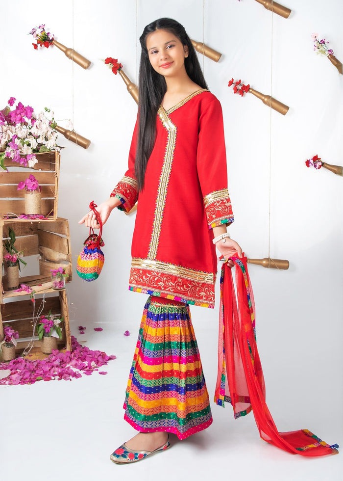 Red Raw Silk 3-Piece Girls Angrakha Kurti with Jamawar Gharara & Net Dupatta