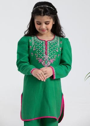 Green Khaddar 3-Piece Straight Kurta Set with Khaddar Trouser & Marina Dupatta – Daily Wear