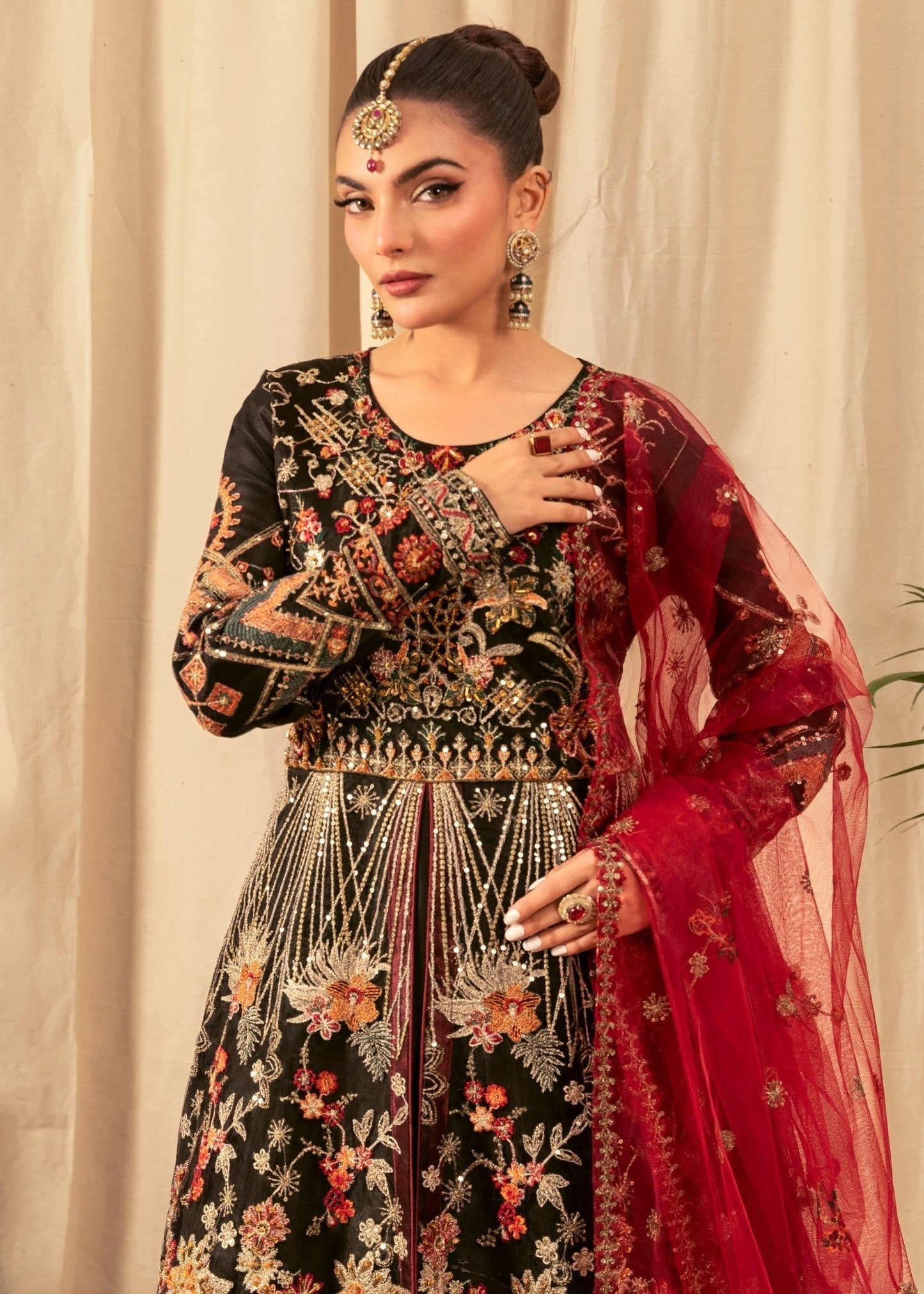 Maheen Black Embroidered Flared Maxi Set with Satin Trousers & Net Dupatta