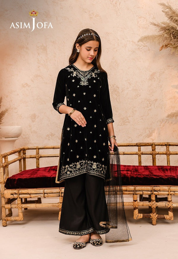 Black Velvet Embroidered 3-Piece Ensemble with Raw Silk Trousers & Net Dupatta
