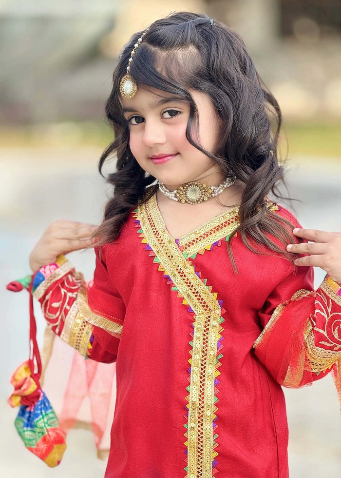Red Raw Silk 3-Piece Girls Angrakha Kurti with Jamawar Gharara & Net Dupatta