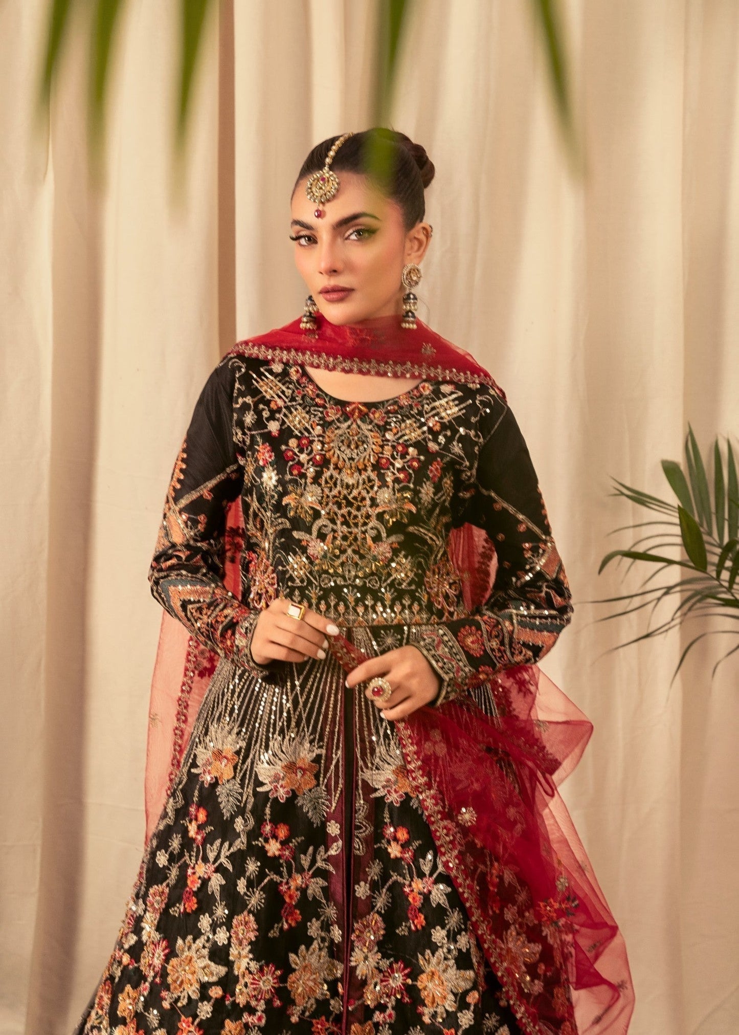 Maheen Black Embroidered Flared Maxi Set with Satin Trousers & Net Dupatta