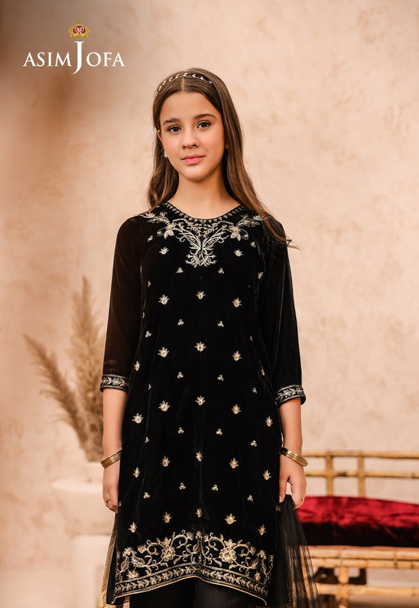 Black Velvet Embroidered 3-Piece Ensemble with Raw Silk Trousers & Net Dupatta