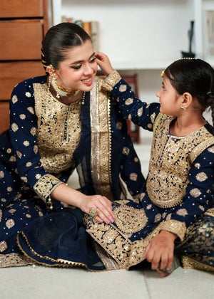 Navy Blue Chiffon Long Shirt Gharara Set with Dupatta – 3 Piece Festive Wear