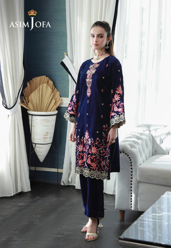 Midnight Garden Velvet 2-Piece – Embroidered Navy Shirt with Plain Trouser