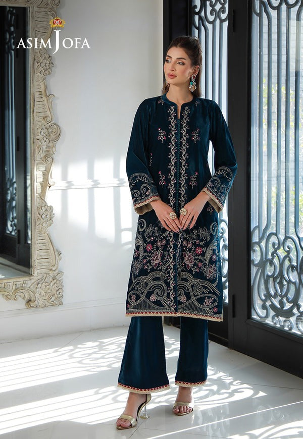 Ocean-Inspired Teal Velvet Outfit – Embroidered Shirt & Plain Lace Trouser