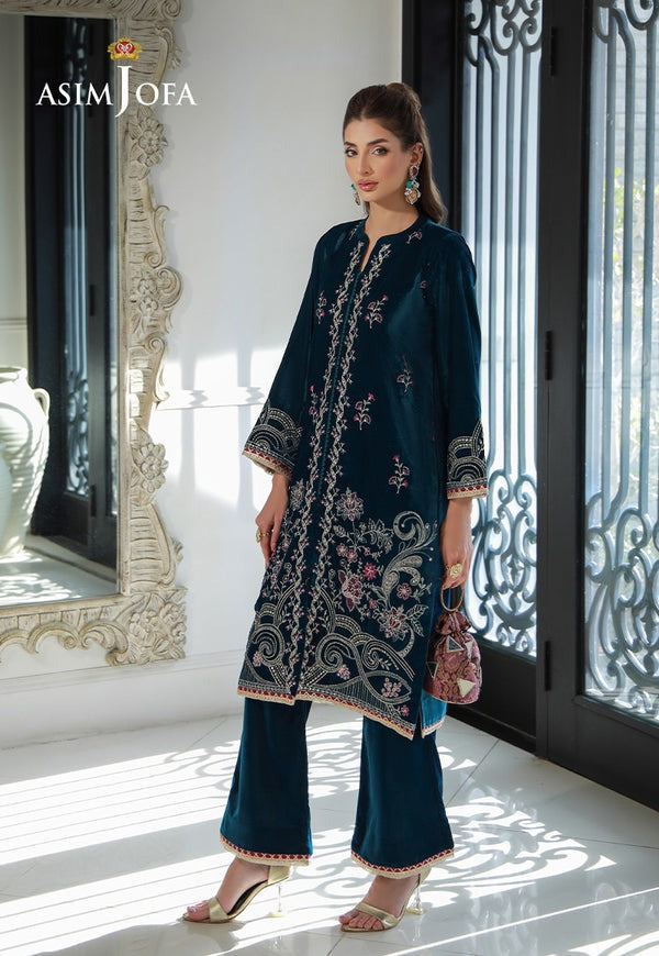 Ocean-Inspired Teal Velvet Outfit – Embroidered Shirt & Plain Lace Trouser