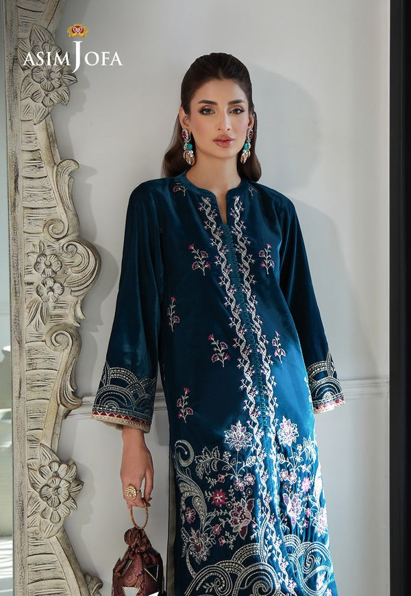 Ocean-Inspired Teal Velvet Outfit – Embroidered Shirt & Plain Lace Trouser
