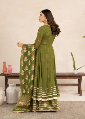 Olive Elegance – Festive Angrakha Maxi Set with Silk Trousers & Organza Dupatta