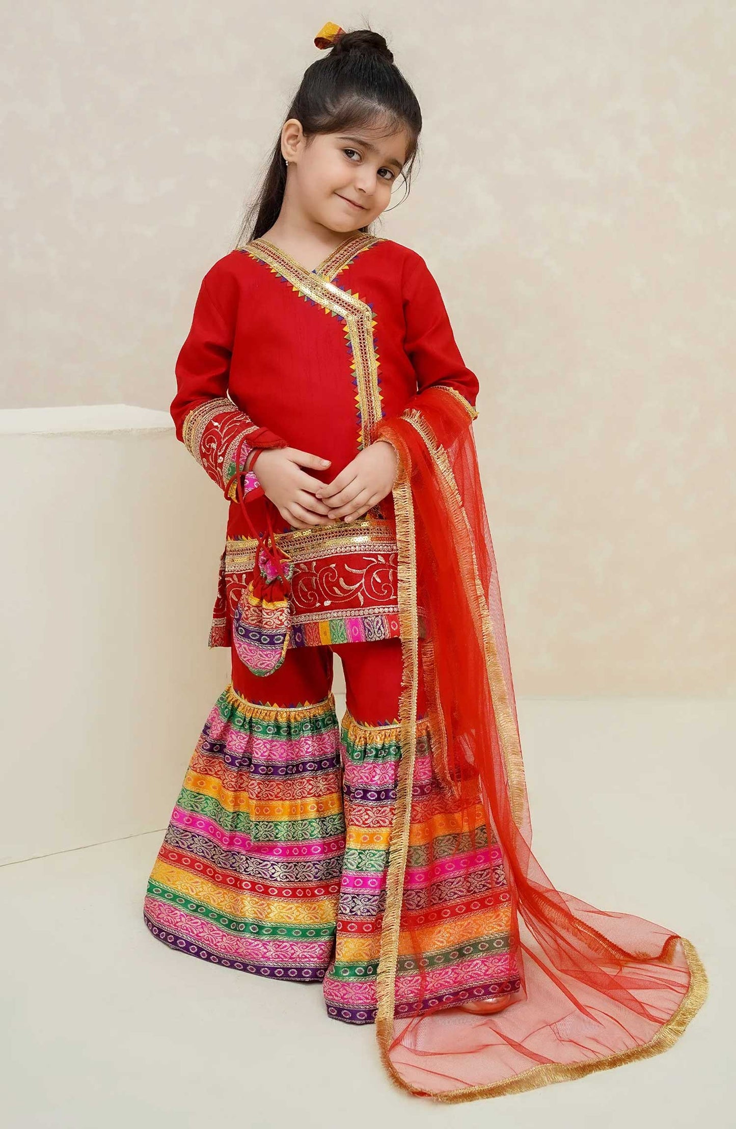 MODEST EMBROIDERED RAW SILK KIDS STITCHED 3 PIECE DRESS