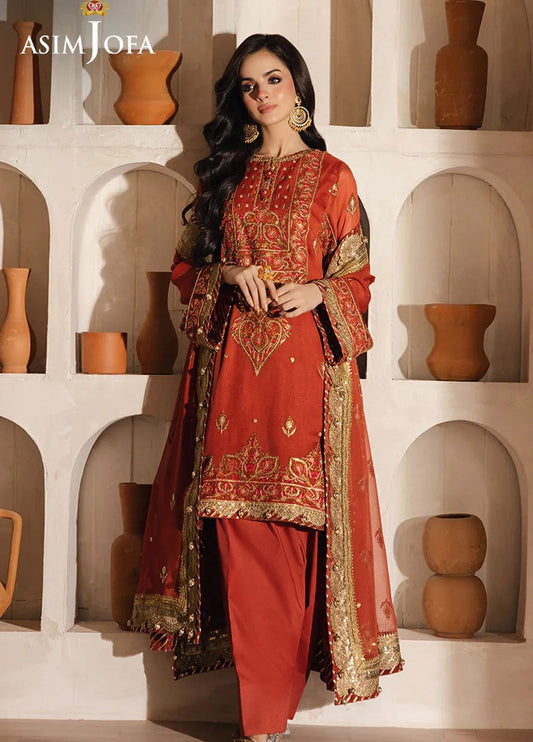 Rust & Gold Embroidered 3-Piece Ensemble with Chiffon Dupatta