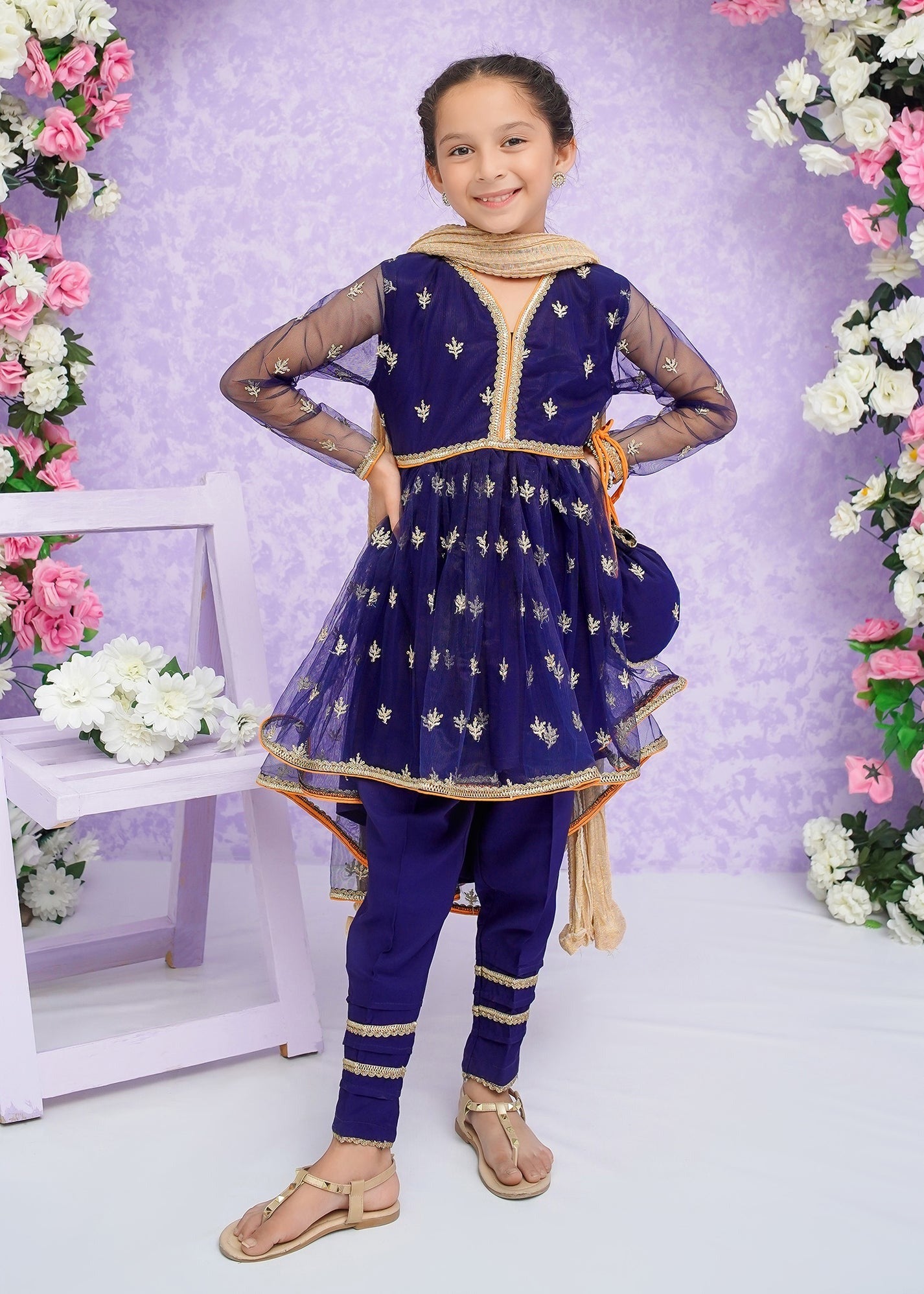 Blue Embroidered Net Frock Suit for Girls – 3 Piece Stitched Ready-to-Wear Set