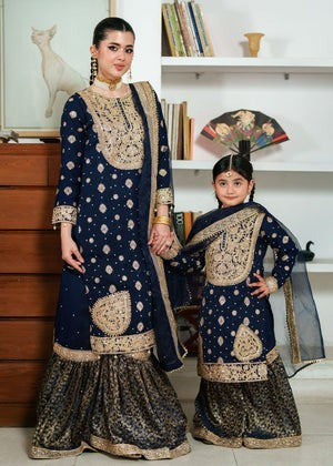 Navy Blue Chiffon Long Shirt Gharara Set with Dupatta – 3 Piece Festive Wear