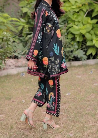 Black Digital Printed 2-Piece Suit with Floral Motifs