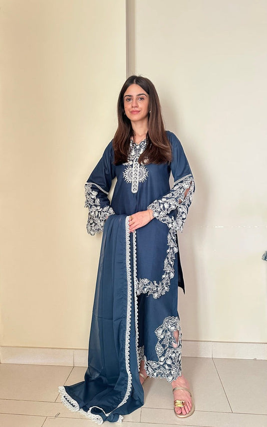 Teal Blue Embroidered 3-Piece Suit with Chiffon Dupatta