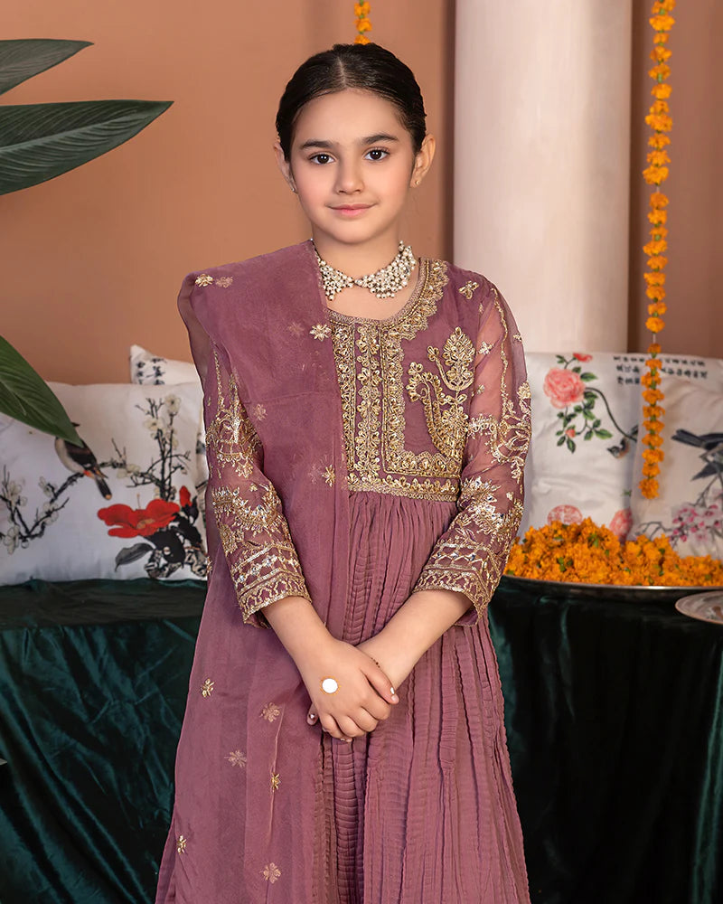 EMBROIDERED CHIFFON STITCHED 3 PIECE KIDS DRESS