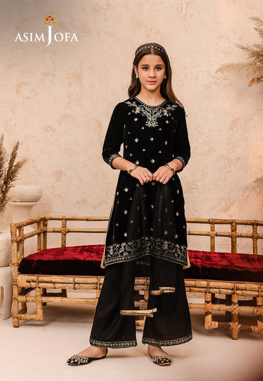 Black Velvet Embroidered 3-Piece Ensemble with Raw Silk Trousers & Net Dupatta