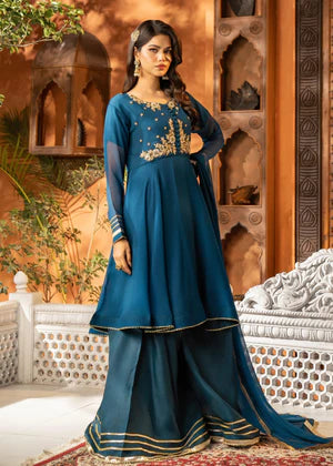 EMBROIDERED CHIFFON STITCHED 3 PIECE SHARARA DRESS