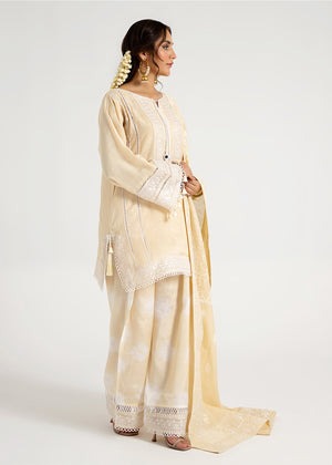 Beige Elegance – Embellished Viscose Kurta with Tie & Dye Farshi Shalwar & Cotton Silk Dupatta