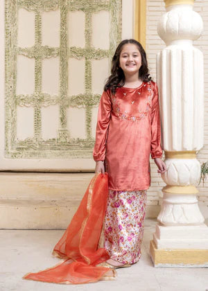 EMBROIDERED VELVET STITCHED 3 PIECE KIDS SHARARA DRESS
