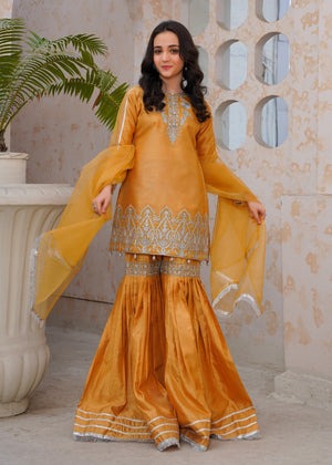 Gold Raw Silk Gharara Set with Silver Embroidery & Organza Dupatta – 3-Piece Festive Ensemble