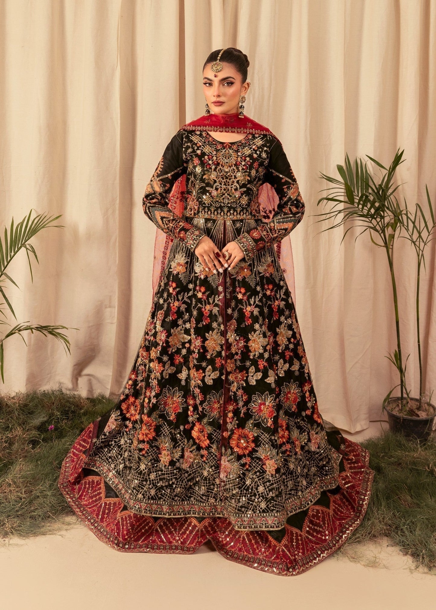 Maheen Black Embroidered Flared Maxi Set with Satin Trousers & Net Dupatta