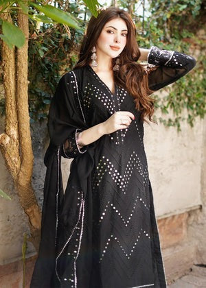 Black Sequins Embroidered Chiffon Suit with Raw Silk Trousers - We deliver Pakistani suits all across Australia
