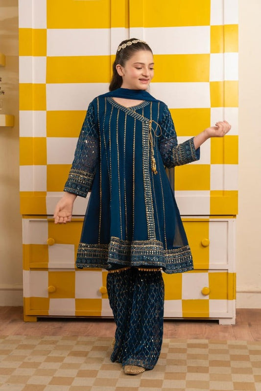 Teal Blue Embroidered Frock-Style Kurta with Trouser & Chiffon Dupatta – 3 Piece Festive Wear