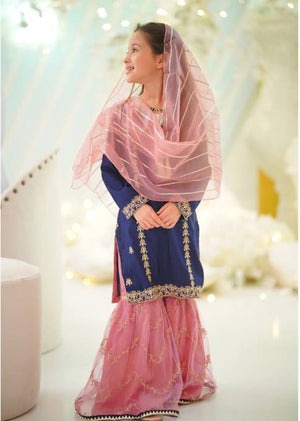Navy Blue Embroidered Raw Silk 3-Piece Gharara Set with Organza Dupatta – Festive Wear