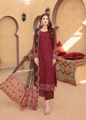 Maroon Embroidered Chiffon 4-Piece Kurta Set – Ready-to-Wear Ensemble