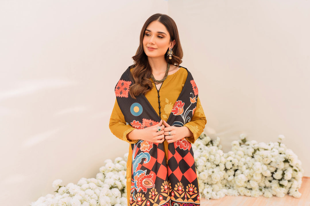 PRINTED KHADDAR STITCHED 3 PIECE DRESS
