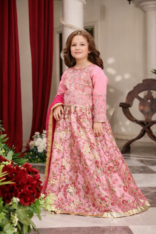 Bubblegum Pink Embroidered Organza Kurti with Multi-Layered Lehenga & Organza Dupatta – 3-Piece Festive Set
