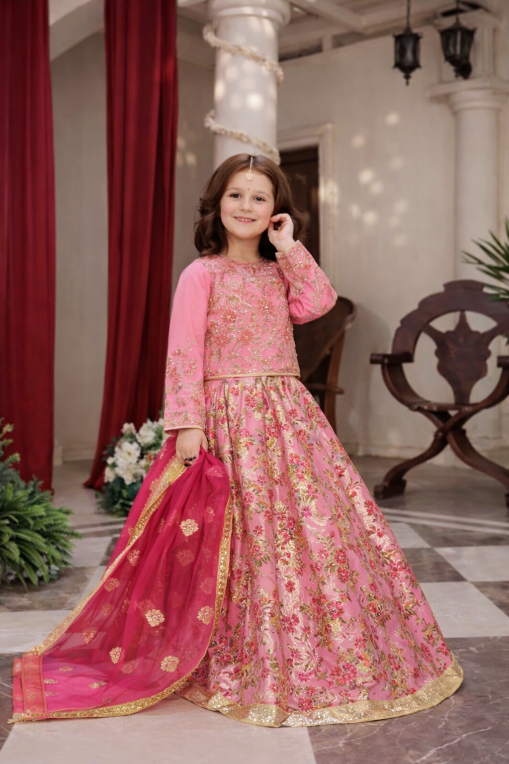 Bubblegum Pink Embroidered Organza Kurti with Multi-Layered Lehenga & Organza Dupatta – 3-Piece Festive Set