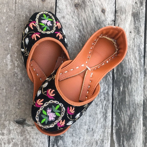 Black Velvet Kids Khussa with Peach & Pink Embroidery