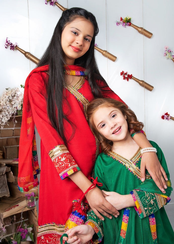 Red Raw Silk 3-Piece Girls Angrakha Kurti with Jamawar Gharara & Net Dupatta