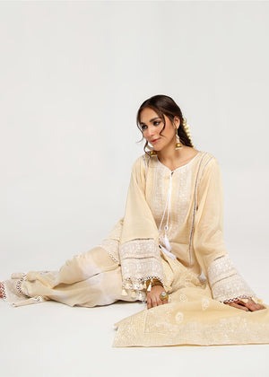 Beige Elegance – Embellished Viscose Kurta with Tie & Dye Farshi Shalwar & Cotton Silk Dupatta