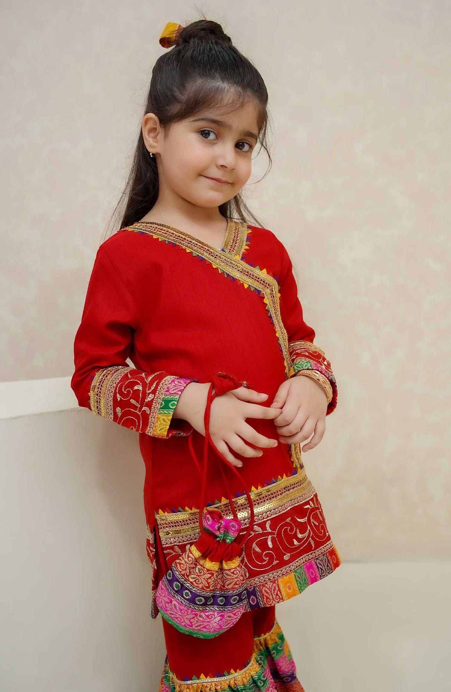 MODEST EMBROIDERED RAW SILK KIDS STITCHED 3 PIECE DRESS
