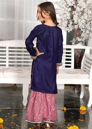 Navy Blue Embroidered Raw Silk 3-Piece Gharara Set with Organza Dupatta – Festive Wear