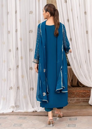 Luxury Ocean Blue Embroidered Chiffon 3-Piece Suit with Silk Crepe Trousers