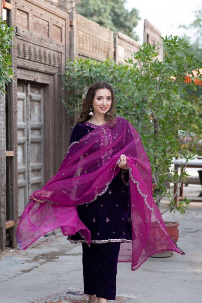EMBROIDERED VELVET STITCHED 3 DRESS