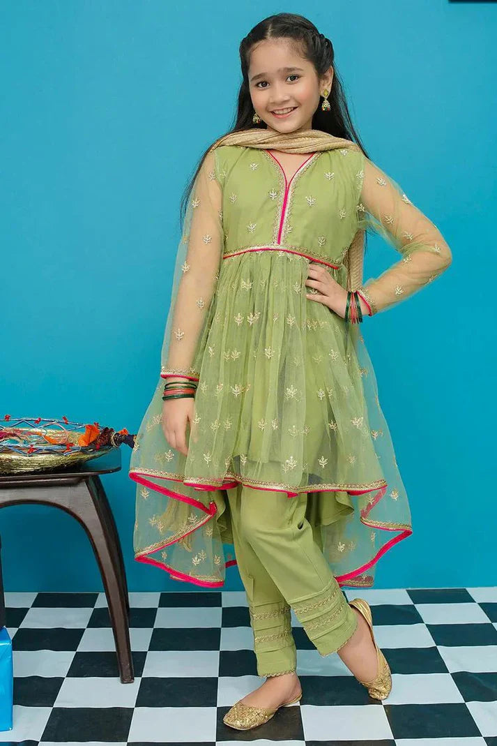 EMBROIDERED SHIFFON STITCHED 3 PIECE KIDS