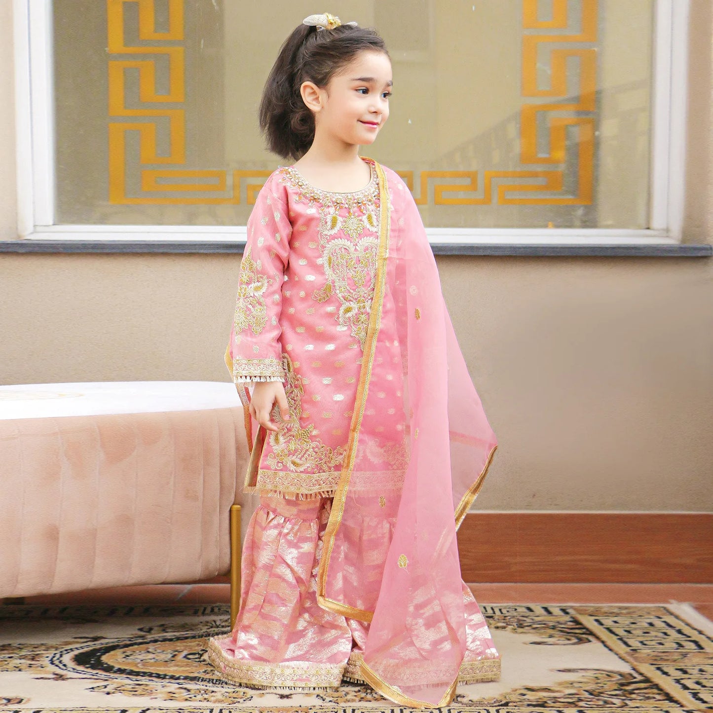 EMBROIDERED STITCHED 3 PIECE KIDS GARARA DRESS