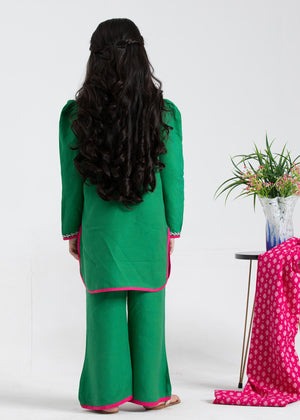 Green Khaddar 3-Piece Straight Kurta Set with Khaddar Trouser & Marina Dupatta – Daily Wear